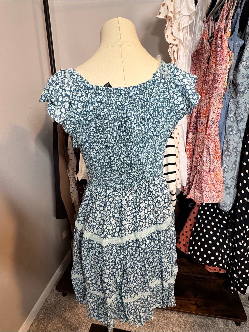 Angie Blue Floral Smocked V-Neck Mini Dress - Picture 2 of 5